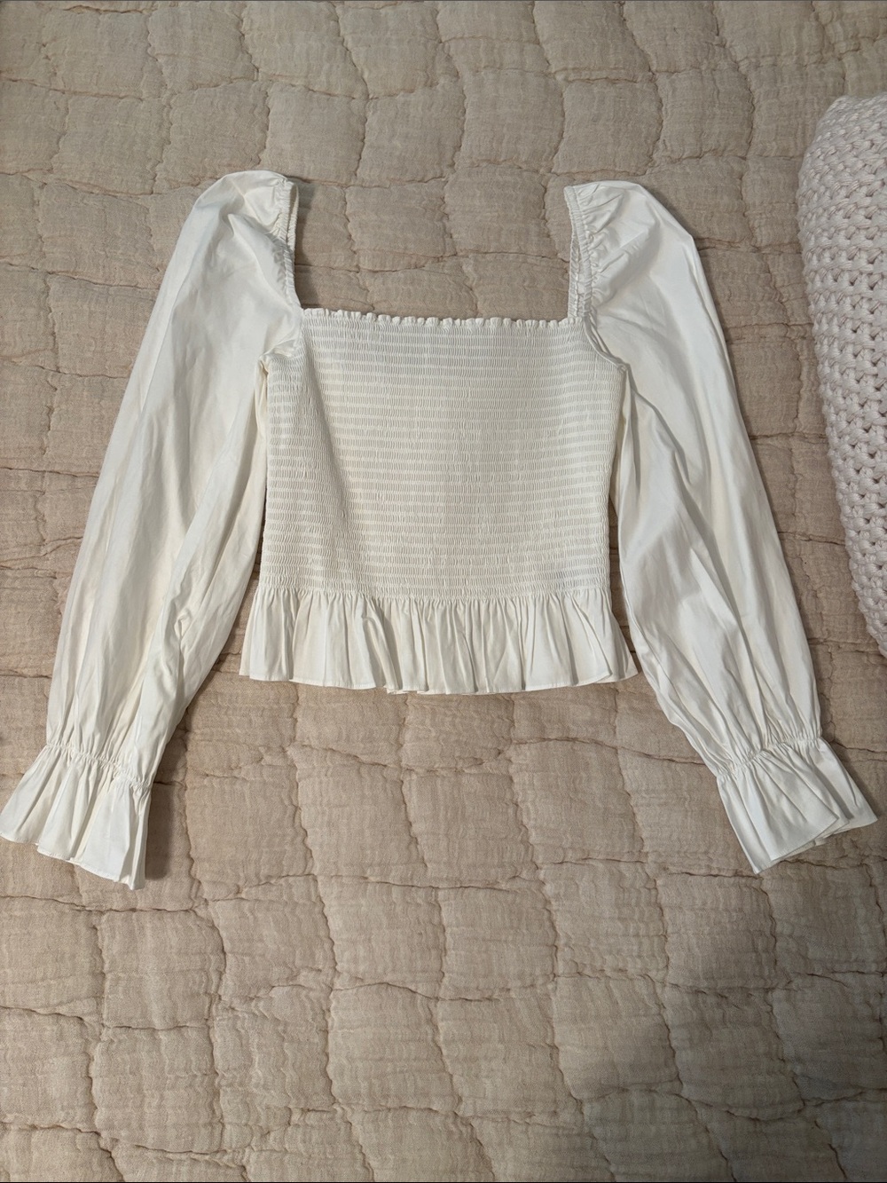Reformation White Smocked Square-Neck Puff Sleeve Top - never worn